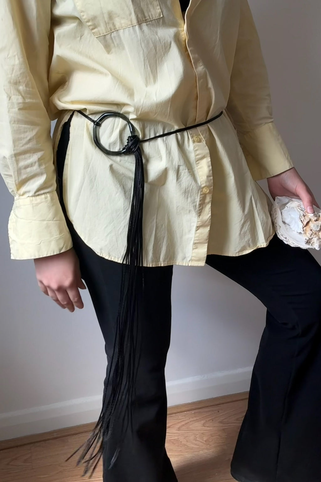 El Jaleo glass necklace worn as belt on model, handcrafted in London by Beryeni