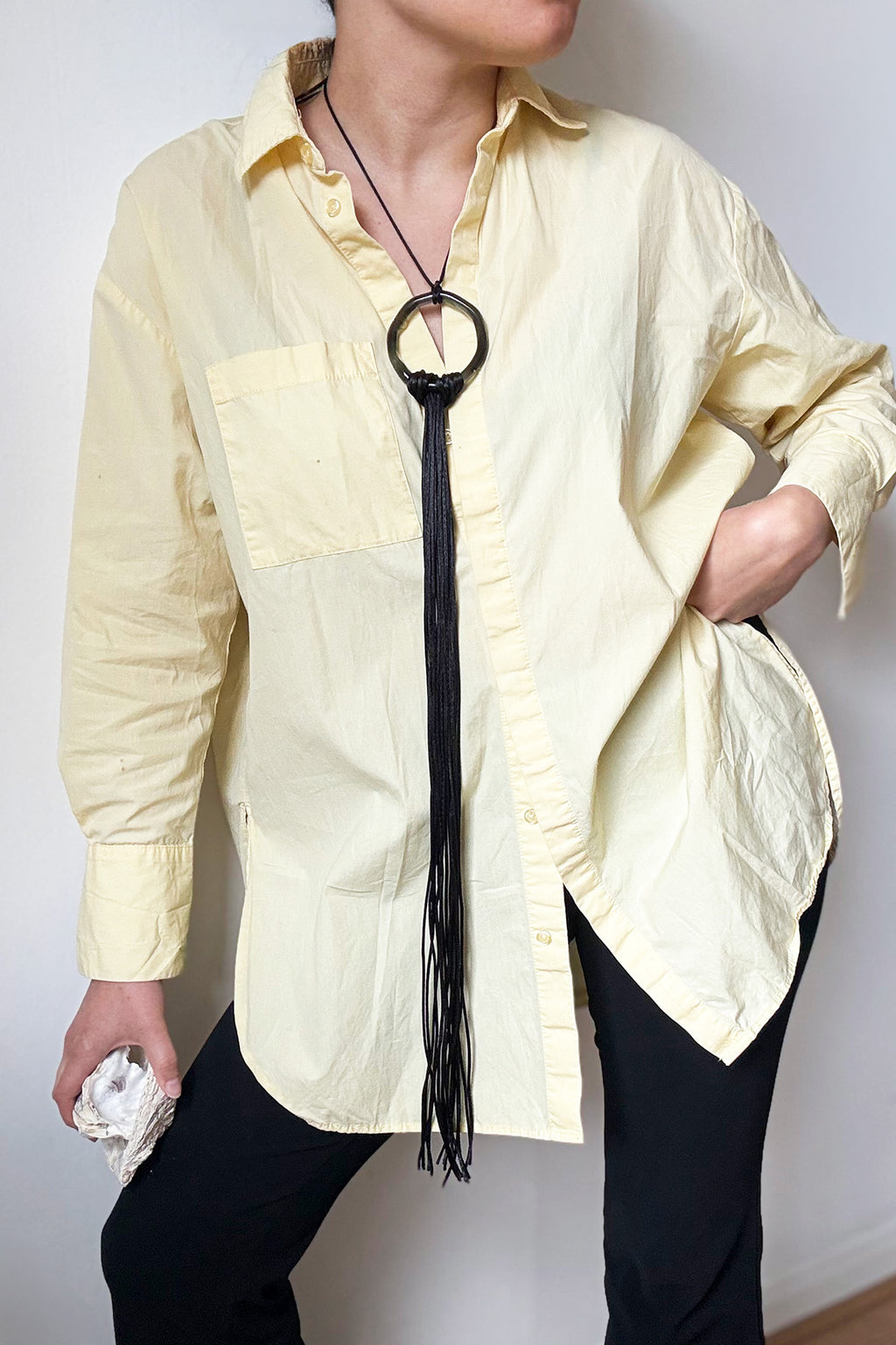 El Jaleo glass necklace worn as necklace on model, handcrafted in London by Beryeni